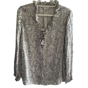 Tyler Boe 100% Silk Paisley Blouse Top Women’s Sz Medium Long Sleeve Gray Black